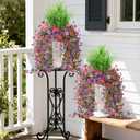 Artificial Hanging Flowers with Wheat Grass for Outdoors, 5 Pcs Fake Hanging Plants for Spring Decor, UV Resistant Faux Silk Flower Greenry for Planter Porch Patio Yard Garden(Mixd Purple Red)