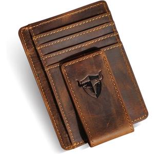RFID Genuine Leather Money Clip Wallet, Credit Card Case Holder, Front Pocket Slim Wallet, Wild Style (A Brown)