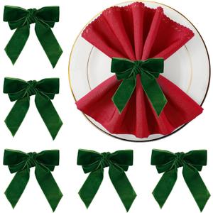 APTWOW Christmas Napkin Rings Set of 6 - Green Bow Velvet Napkin Holders, Chic Xmas Holiday Napkin Rings for Birthday Party, Anniversary Dinner, and Wedding Table Decorations