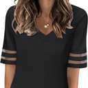 Women's V Neck T Shirts Mesh Panel Short Sleeve Tops Casual Summer Tees (Large, Black)