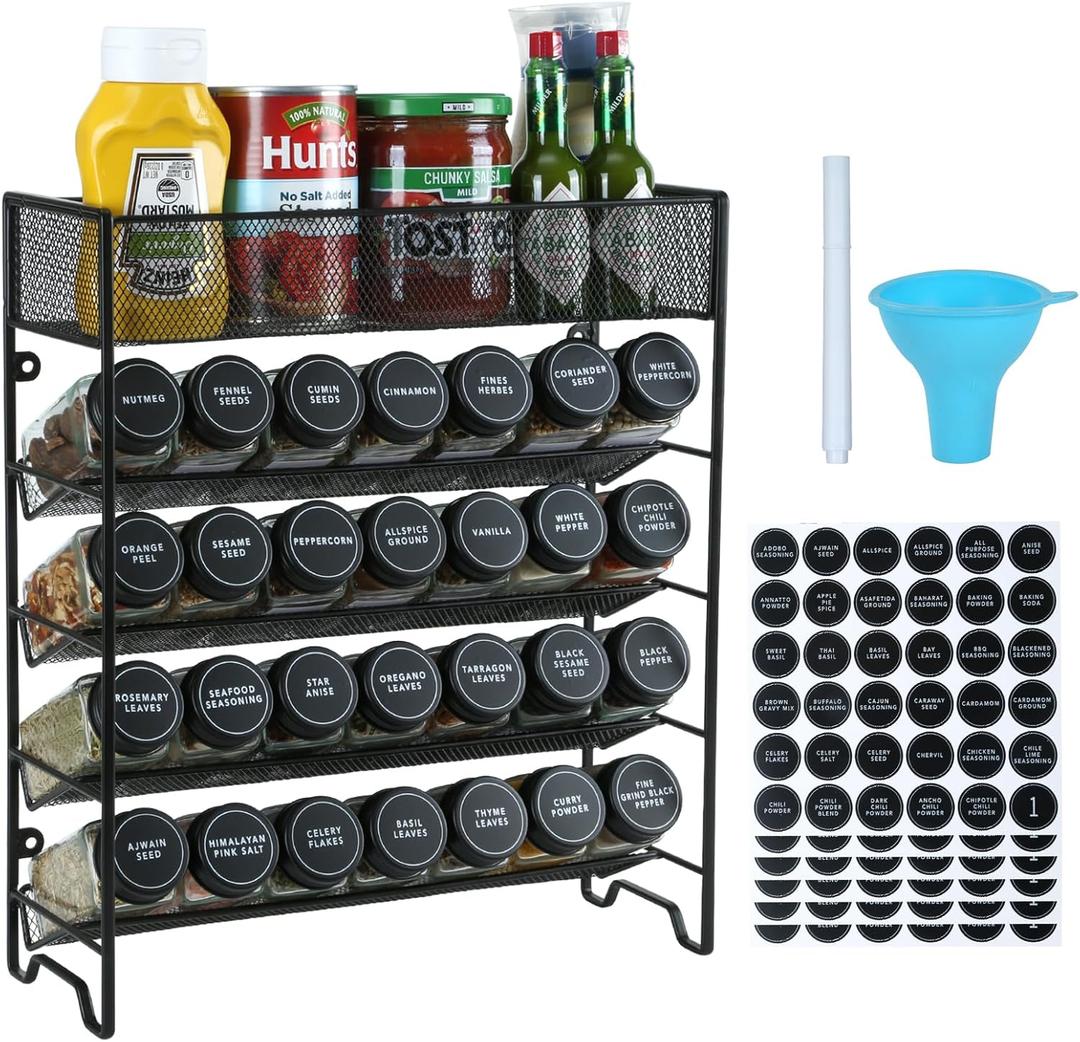 Spice Rack Organizer with 28 Spice Jars, Black LidsSpice Labels, Chalk Marker and Funnel Set for Cabinet, Countertop, Pantry, Cupboard or Wall Mount