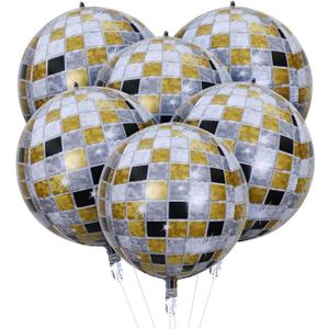 HOUSE OF PARTY 4D Gold Black Disco Ball Balloons 6Pcs - Mylar Foil Balloons 22 Inch for Grad Last Disco Party Decorations