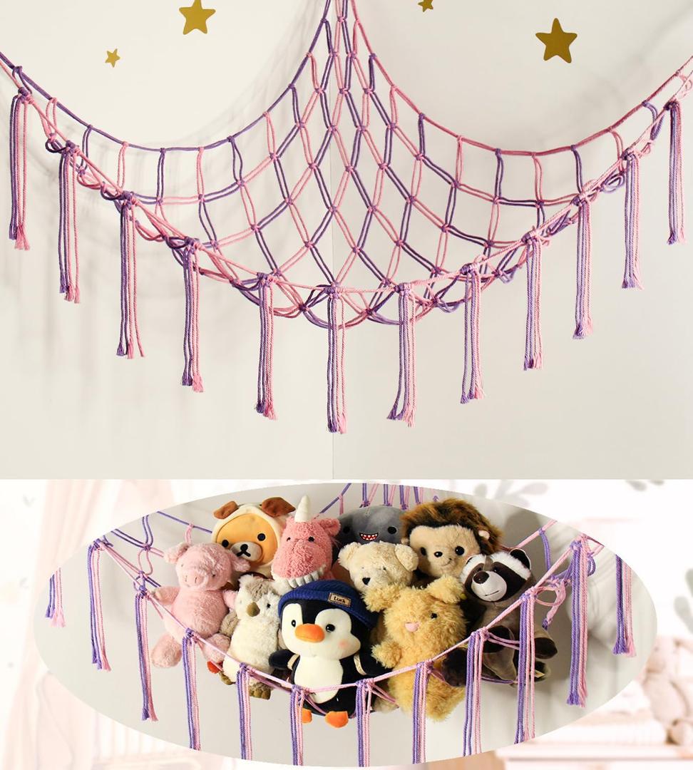 Large Stuffed Animal Hammock Corner Net for Toys Storage Hanging Stuff Animal Organizer Holder Pink Purle Girls Room Bedroom Boho Nursery Decor