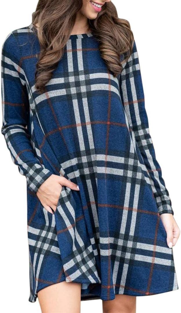 MIROL Women's Long Sleeve Plaid Color Block Casual Swing Loose Fit Tunic Dress (Blue, XL)