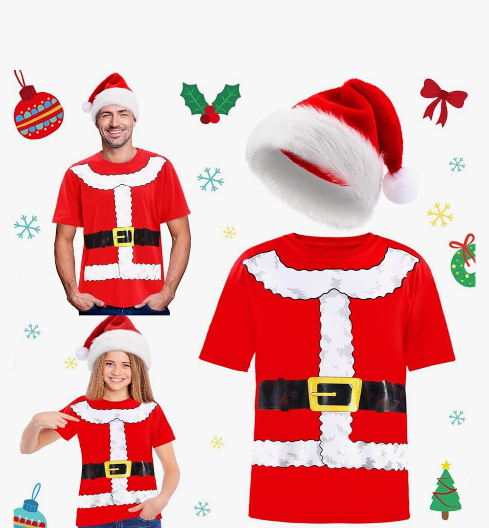 Geyoga 2Pcs Christmas Santa Claus Costume Xmas Funny Santa Shirt and Hat for Men, Size 2XL