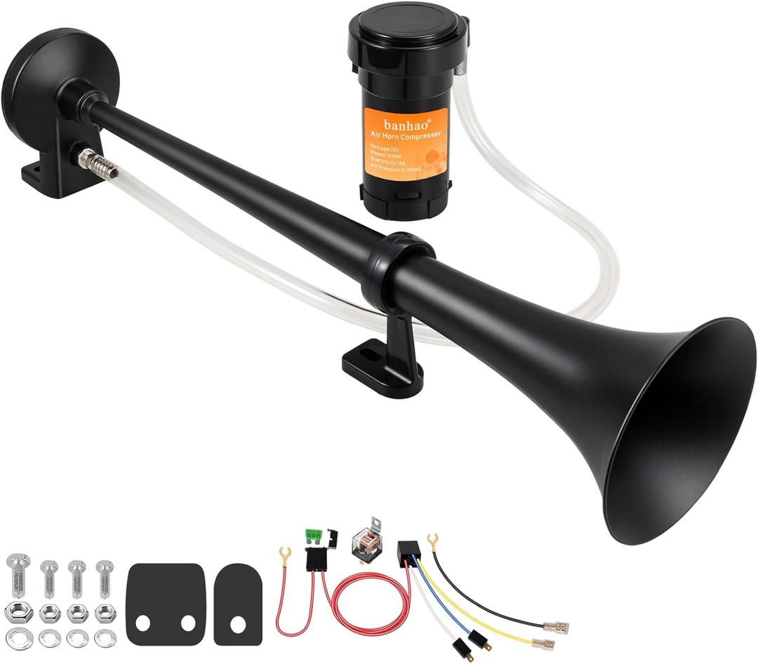 Train Horn for Truck 150db 12V, Super Loud black Single Trumpet Truck Air Horn with Compressor, suitable for Any 12V Vehicles Train Car Ship Boat Lorry (Black 1 tube horn with wire)
