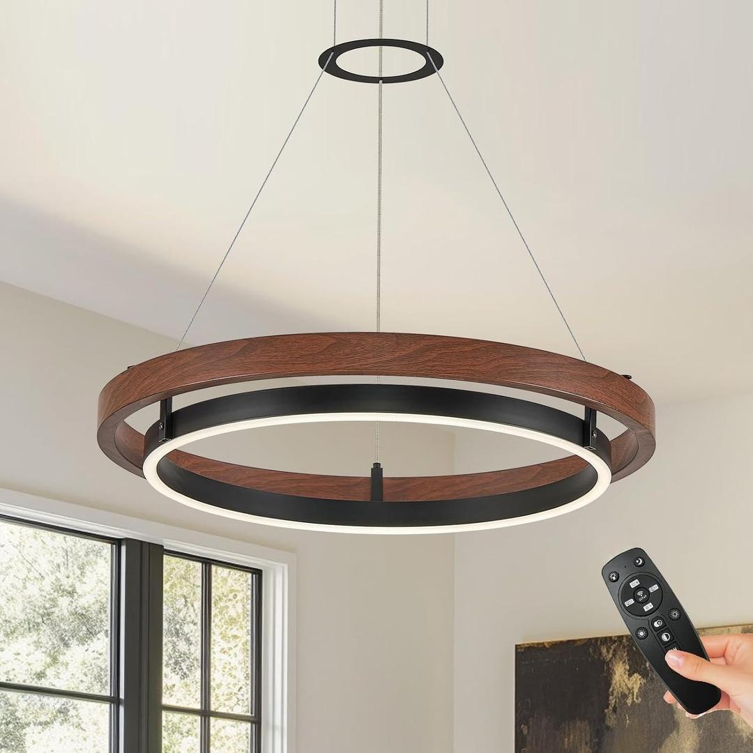 Benkut Modern LED Chandelier Circular Farmhouse Red Walnut Color, Dimmable LED Pendant Light with Remote Ring Chandelier Dining Room Light Fixtures for Kitchen Island Living Room Entryway, D23.6