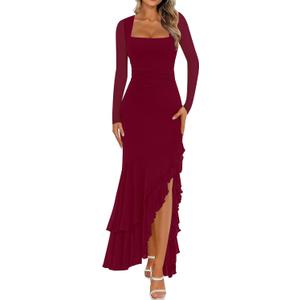 BORIFLORS Women's Bodycon Ruched Mesh Long Sleeve Maxi Dress Mermaid Ruffle Formal Cocktail Party Long Dresses (Wine Red, XL)