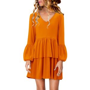 storeofbaby Girls Long Sleeve Dress Casual V Neck Loose Fit Flowy Swing Dresses 4-13 Years (Orange, S)