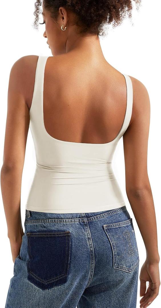 SUUKSESS Women Padded Open Back Boat Neck Tank Tops Double Lined Basic Shirts (Small, White)