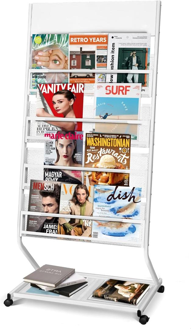 4-Tier Rolling Magazine Rack, White, 23.42"x15.15"x51.57"