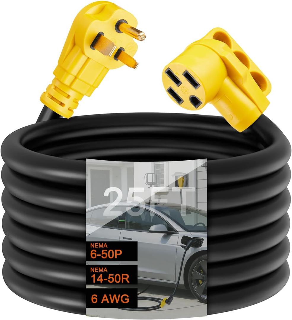 25ft NEMA 6-50P to 14-50R EV Charger Adapter Cord, STW 6AWG 50 Amp 250 Volts, 3-Prong Welder Plug to 4-Prong EV Charger Connector, for Tesla or EVSE Level 2 Charging, NOT for RV, ETL Listed