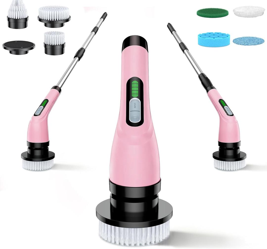VigorDay Electric Spin Scrubber  Cordless Bathroom Scrubber with 7 Brush Heads  Dual Speed IPX7 Waterproof Power Scrubber for HeavyDuty Bathtub, Glass, Tile, and Car Cleaning (Pink)