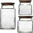 Glass Storage Jars Vintage Embossed Canisters Food Cereal Storage Containers with Bamboo Lid, Decorative Jars for Kitchen Counter,Pantry,Set 3-Piece Glass Jars in 60oz/40oz/20oz (Square)