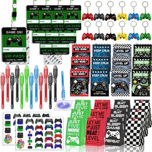 146 Pcs Video Game Party Favors, Gamer Party Favor -Ink Pen Notebook VIP Passes with Lanyards Slap Bracelets Keychains Bags Tattoo Stickers for Kids Gaming Party Favors Game On Birthday Partys Favor