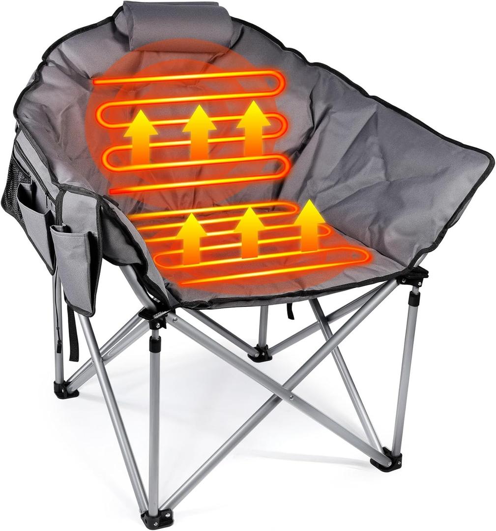 Suteck Oversized Heated Camping Chair, Heated Chairs Outdoor Sports W/3 Heat Levels for Back & Seat, Portable Folding Heated Lawn Chairs for Patio Outdoor Travel, (Battery NOT Included) (Fossil Gray No Battery Pack)