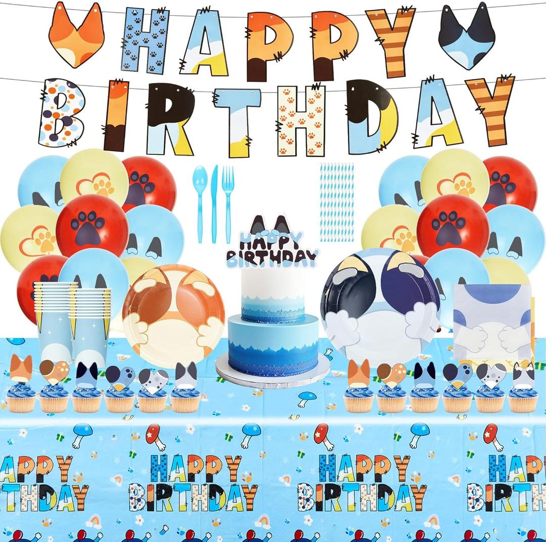 125pcs Blue Dog Cartoon Theme Party Supplies - Party Decorations Set with Paper Plates Napkins Cups Cupcake Toppers Tablecloth Balloons Banner for Birthday Baby Shower Theme Party