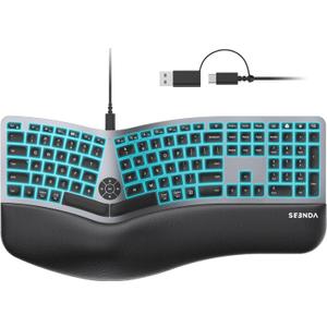 seenda 7-Color Backlit Wired Ergonomic Keyboard, KUW01 USB & Type-C Wired Split Keyboard, Cushioned Wrist Rest, Full Size with NumPad, Compatible for Windows, macOS, PC, Laptop, MacBook - Black Gray
