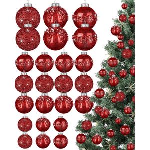 Civaner 24 Pcs Glitter Christmas Ball Ornaments Set 3.2'' 2.4'' 1.6'' Christmas Tree Ornaments Hanging Sequin Shatterproof Balls for Xmas Tree Wreath Garland Xmas Home Decor(Red)