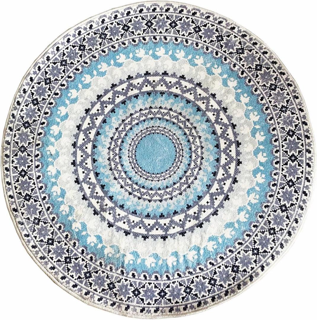 Faux Fur Boho Round Rug Round Area Rug Washable Rug Non-Slip Gray and Blue Small Round Rug Ultra Sofa Carpet for Living Dining Room Bedroom 3'x3' Round Blue/Multi