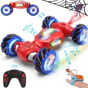 Spider Remote Control Car Toys for 6-12 Boys Girls, Birthday Gifts for Kids, 2.4Ghz 4WD Gesture Sensing RC Stunt Car with Light & Music & Spray, Double-Sided 360 Rotating Hand Control (Blue Red)