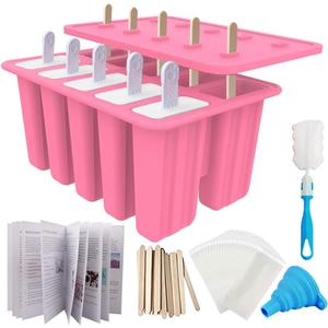 Miaowoof Homemade Popsicle Molds, 10Cav NonBPA Silicone Ice Pop Maker, with 50 Sticks, 50 Bags, 10 Reusable Sticks, Funnel, Brush and Ice Pop Recipe (Pink)