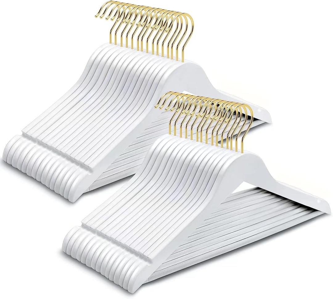Amber Home 30 Pack Solid Wood Suit Coat Hangers, Smooth White Finish Wooden Dress Hangers with Non Slip Pant Bar, Clothes Hangers with Gold Hook & Notches for Jacket, Pant, Shirt (White+Gold, 30)