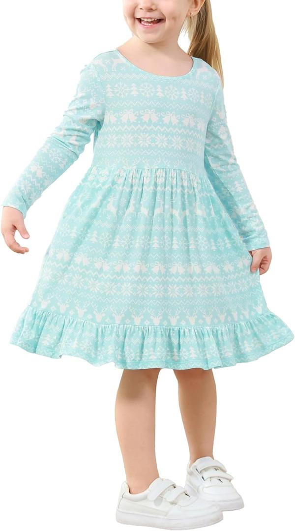 Bamboo Viscose Girls' Dresses Long Sleeve Toddler and Little Kids Twirl Dress (4T, Blue Christmas)