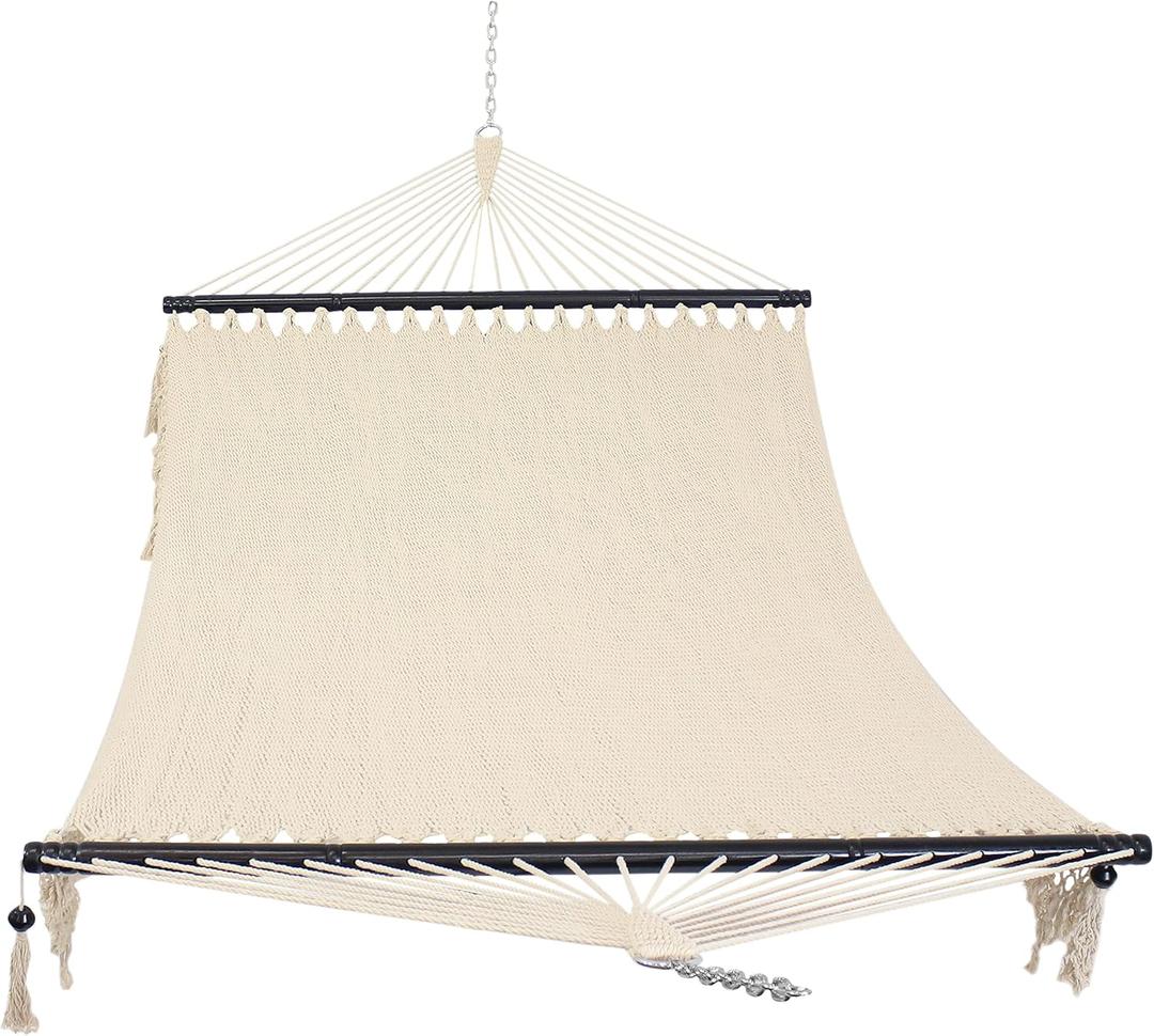 Sunnydaze Woven Double Hammock for Outside with Crocheted Edges and Spreader Bars - 600-Pound Weight Capacity Outdoor Hammock for Trees (Natural)