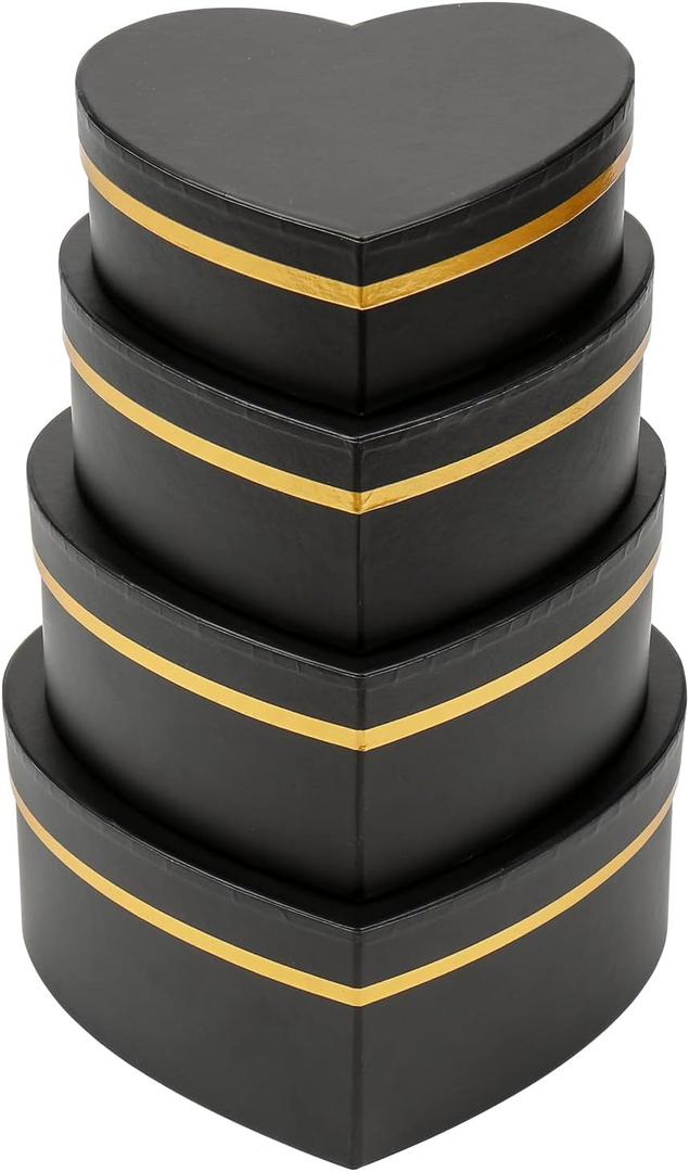 Oairse Black Gift Boxes with Lids for Present Heart Shaped Flower Boxes for Arrangements Set of 4 Floral Gift Boxes for Bridesmaid, Proposal, Wedding, Birthday, Baby Showers