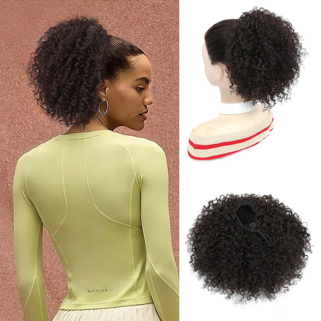 Drawstring Curly Ponytail Extensions for Black Women Protein Silk Fiber Human Hair Soft Feeling Afro Kinky Curly Hair Puff Pony tails Lightweight, Soft Natural Budget-Friendly for Daily Styles (8 Inch, 4/8#)