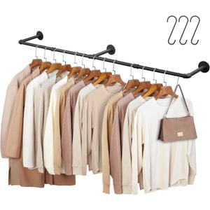 66.1" Industrial Pipe Clothing Rack, Wall Mounted Clothes Rack for Hanging Clothes, Detachable Space-Saving Heavy Duty Iron Garment Rail for Closet Storage 3 Base, Black