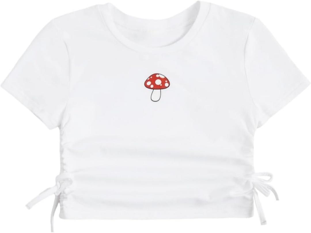 SHENHE Girl's Mushroom Print Short Sleev Crop Tops Ruched Drawstring Tee T Shirts