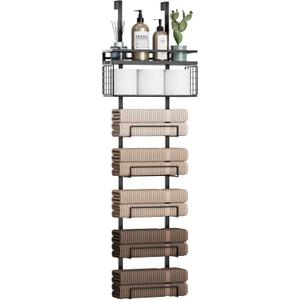 Aetyord Towel Racks for Bathroom Over The Door Towel Racks Towel Storage Organizer with Metal Shelf Basket for Bathroom Rv Camper (7Tier Black with Brown Plank)