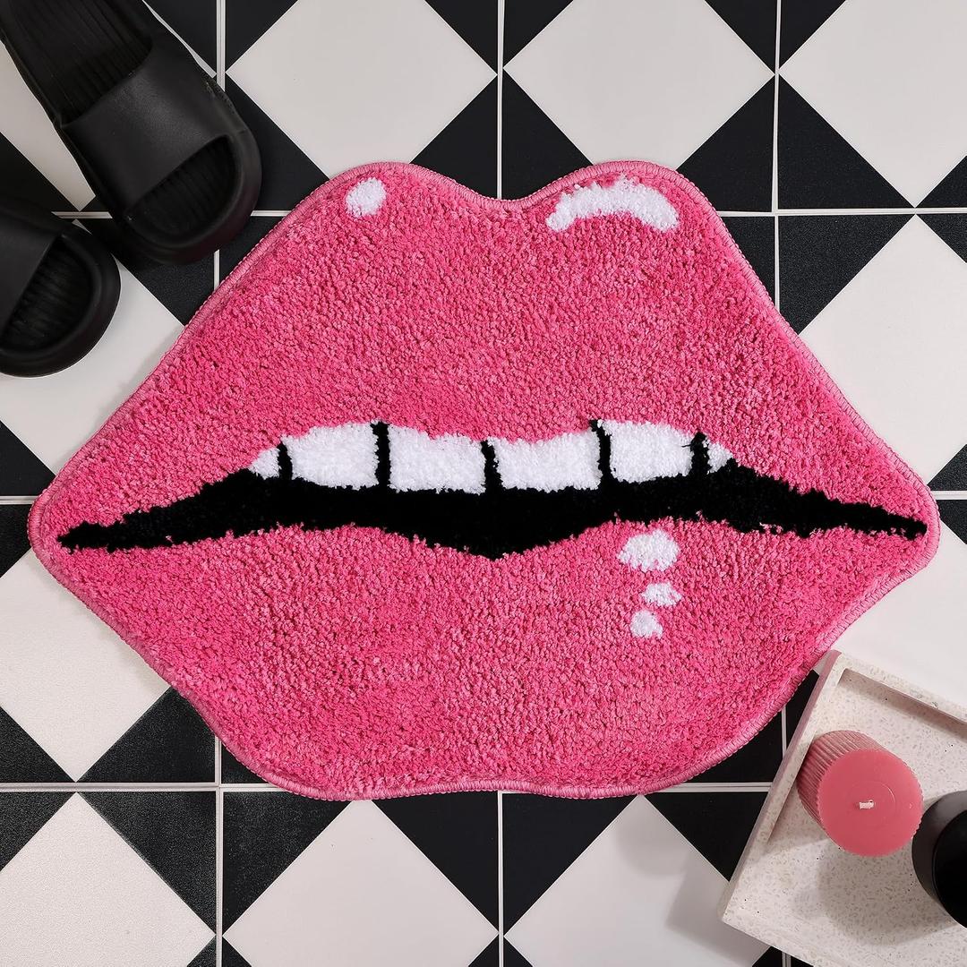 Panstar Pink Bathroom Rugs, Cute Lips Bath Mat Non Slip Lips Shaped Absorbent Bathtub Rug Bathroom Plush Shower Rugs, 1'6" x 2'1" 