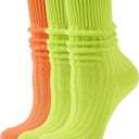 3 x Women's Neon Scrunch Crew Socks 80s 90s Retro 3-Pack Cotton Stacked Boot Calf Cozy Ribbed Slouchy Socks Size 5-10 (2-neon Green/1-neon Orange)