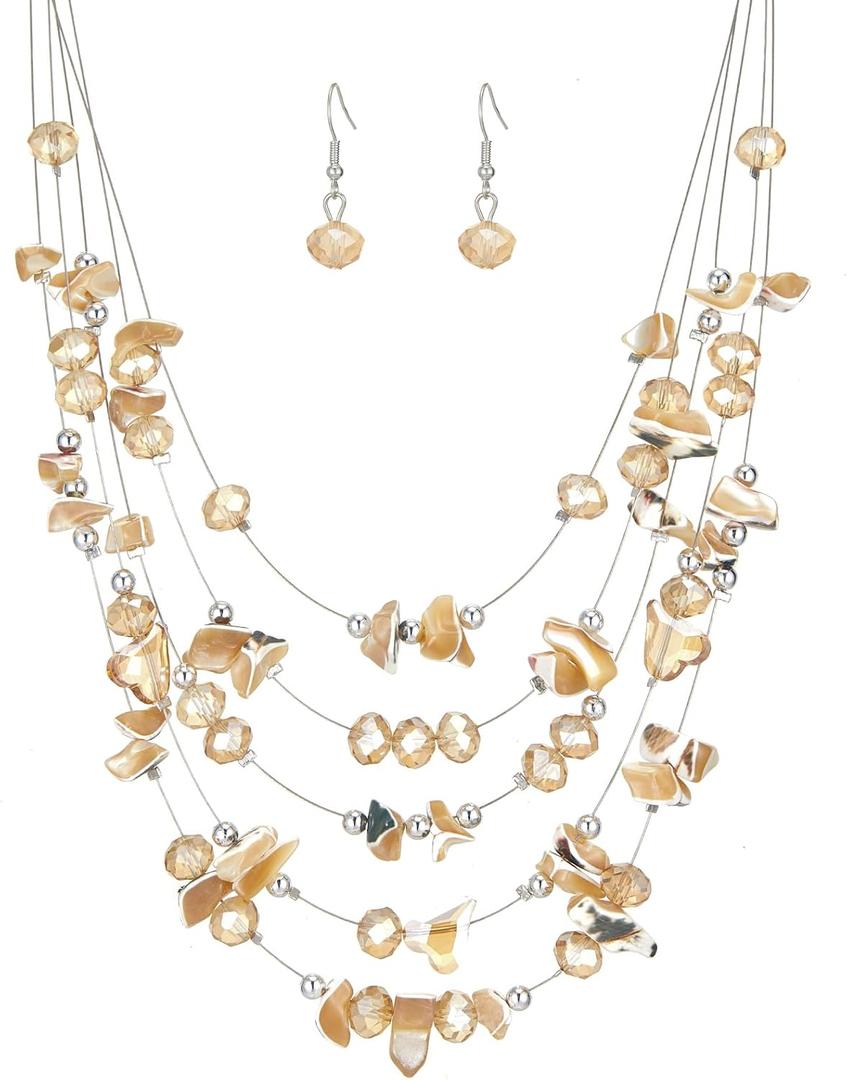 Multi-Layer Boho Shell Beaded Necklace for Women Colorful Crystal Strand with Silver Beads Statement Collars Necklace and Earrings Costumes Jewelry Sets for Women