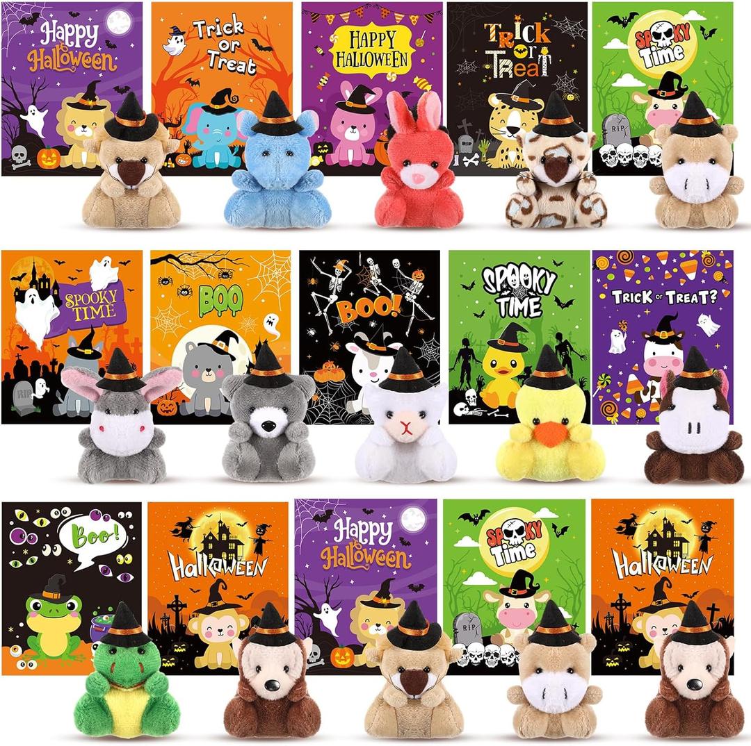 15 Sets Halloween Mini Stuffed Animals Bulk with Cards Soft Plush Toy with Witch Hat Stuffed Mini Halloween Plush Doll for Party Favors Goodie Bag Filler