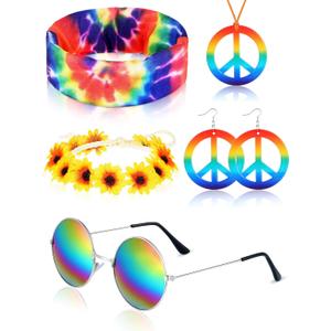 Frienda 5 Pcs Hippie Costume Set Glasses Headband Peace Sign Earrings Necklaces Tie Dye Bandana Hippie Accessory for 60s 70s
