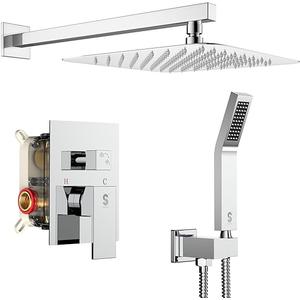SR SUN RISE 12 Inches Matte Black Shower System 12 Inch Brass Bathroom Luxury Rain Mixer Shower Combo Set Wall Mounted Rainfall Shower Head System Shower Faucet Rough-in Valve Body and Trim Included, Polished Chrome 