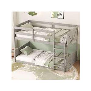 Low Twin Over Twin Size Bed Floor Bunk Bed with Panelled Headboard Footboard, Ladder and Guardrails, Solid Rubber Wood Frame