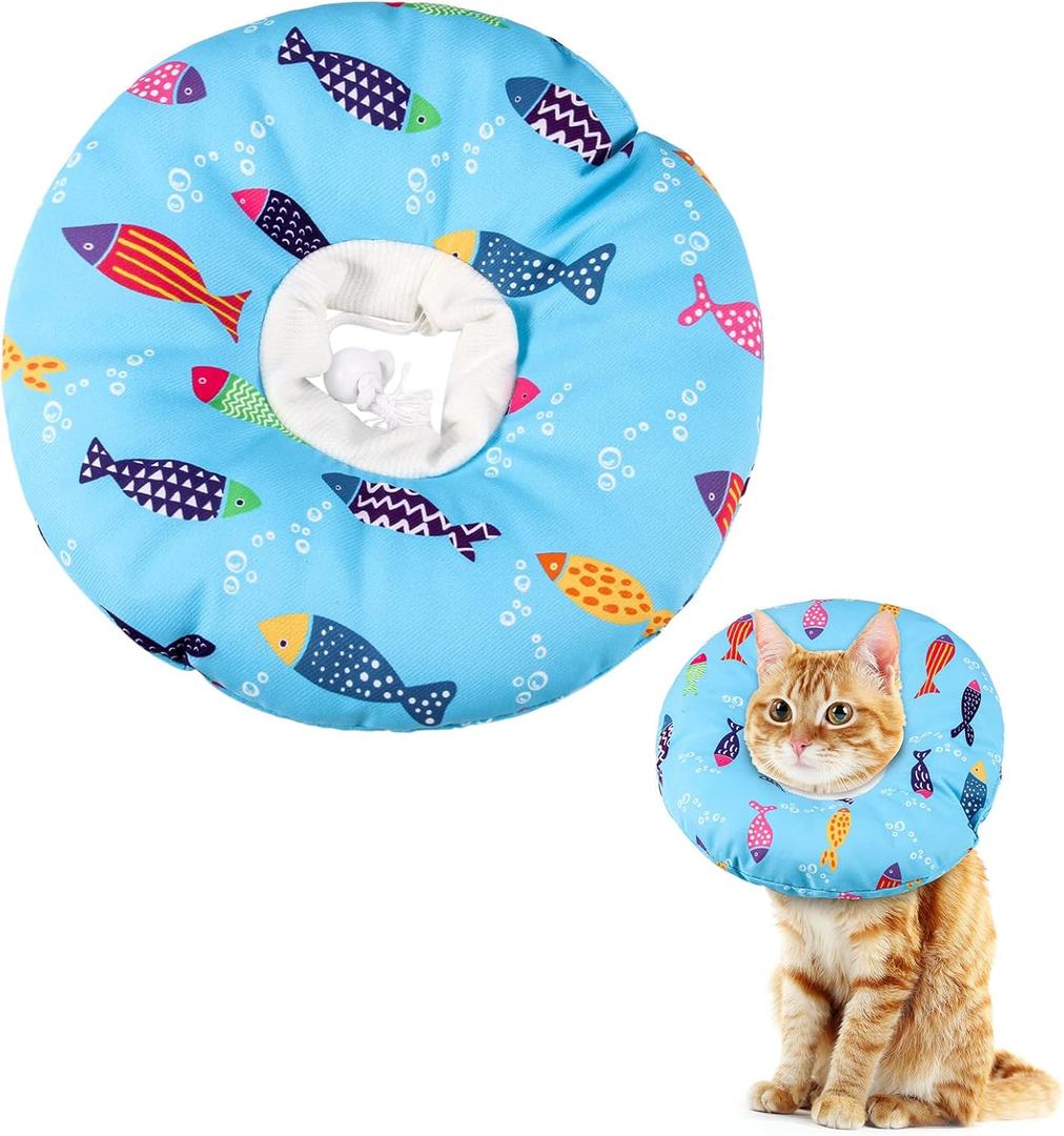 Soft, Cute Cat Donut Adjustable Recovery Collar - Elizabethan Cone to Stop Licking - Comfortable Anti-Bite Neck Cone for Pet Cats & Kittens After Surgery (Blue)
