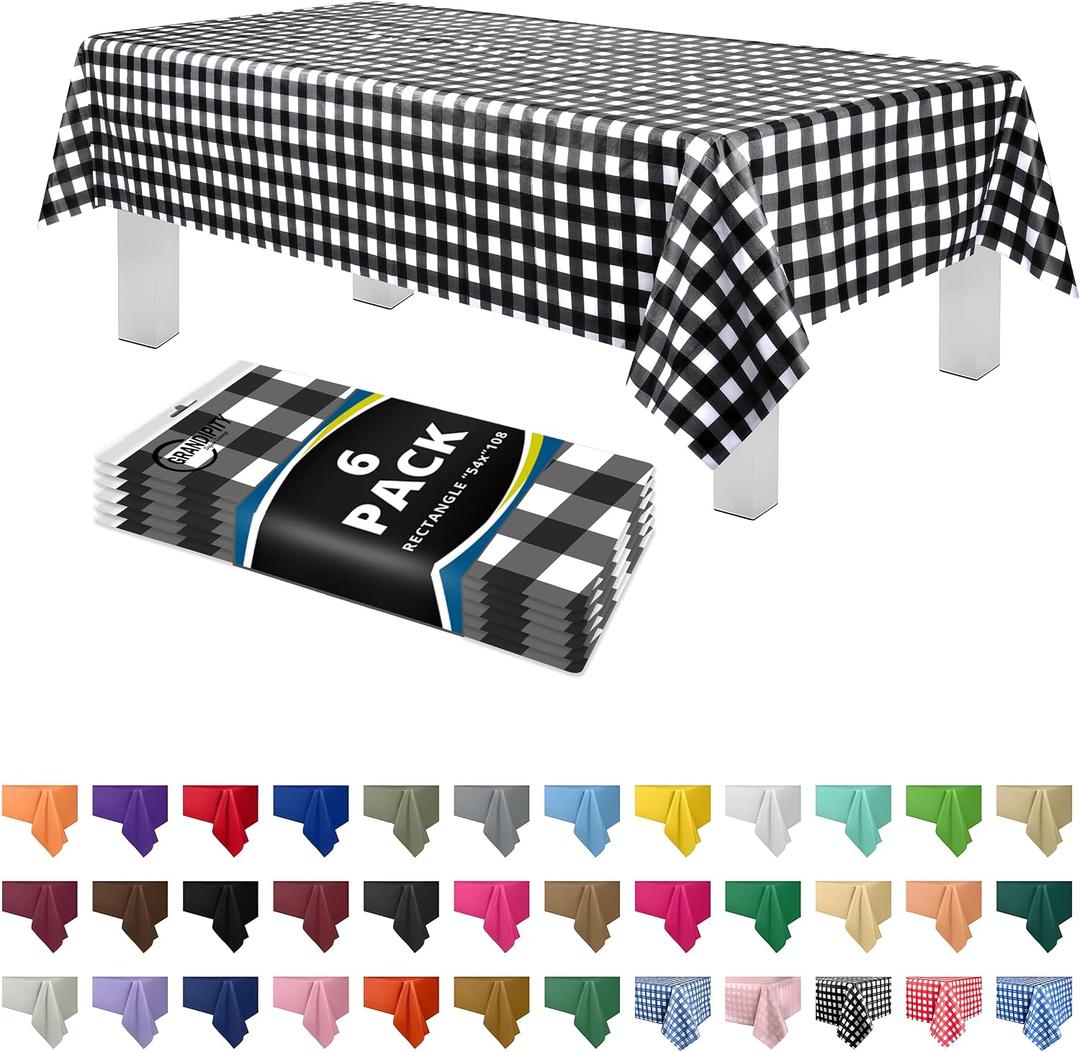 Grandipity Black Gingham Checkered Plastic Table Cloth Disposable (6 Pk) 54in x 108in Plastic Tablecloths for Rectangle Tables - Premium Party Table Cloths Disposable for 6ft to 8ft Rectangle Tables