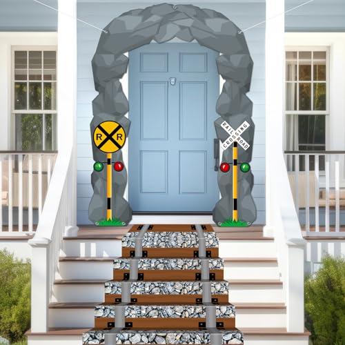 Train Birthday Party Door Banner Train Party Decoration Railroad Crossing Scene Porch Banner Railroad Track Aisle Runner Hanging Backdrop for Birthday Christmas Home Wall Photo Props Supplies