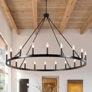 Black Wagon Wheel Chandelier, 20 Light Large Farmhouse Industrial Rustic Chandelier, 48 Inch Round Ceiling Pendant Light for Dining Room Living Room Entryway Foyer, 47.24 Inches