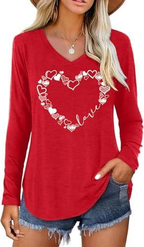 Boikukx Valentine V Neck Shirt for Women Cute Love Heart Long Sleeve Casual Tee Tops S Red