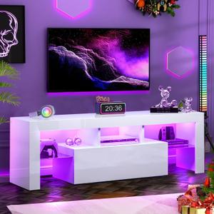 HOUAGI LED TV Stand for Televisions up to 55 Inchs,Modern Entertainment Center with Storage Drawer and Glass Shelf, TV Console Table for Living Room,Bedroom (White, 50in)