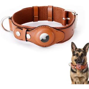 AirTag Dog Collar Soft Leather Webbing Dog Collar for AirTag Provides Double Protection for Small Medium and Large Dogs(Brown,S)