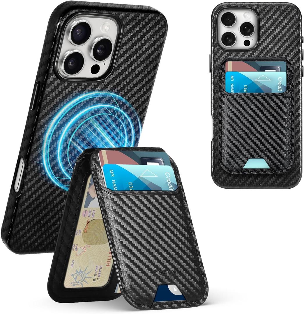 TUCCH PU Leather Case for iPhone 16 Pro Max (6.9") 2024 with Detachable Magnetic Wallet, Carbon Fiber Black