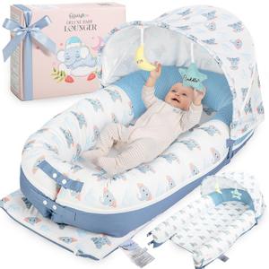 JollyBoo Deluxe Infant Lounger Pillow - Baby Lounger 0-24 Months | Bamboo-Cotton Portable Baby Nest with Foldable Sunshade & 2 Plush Toys | Soft, Breathable Mesh for Cool, Safe Rest (Blue Elephant)